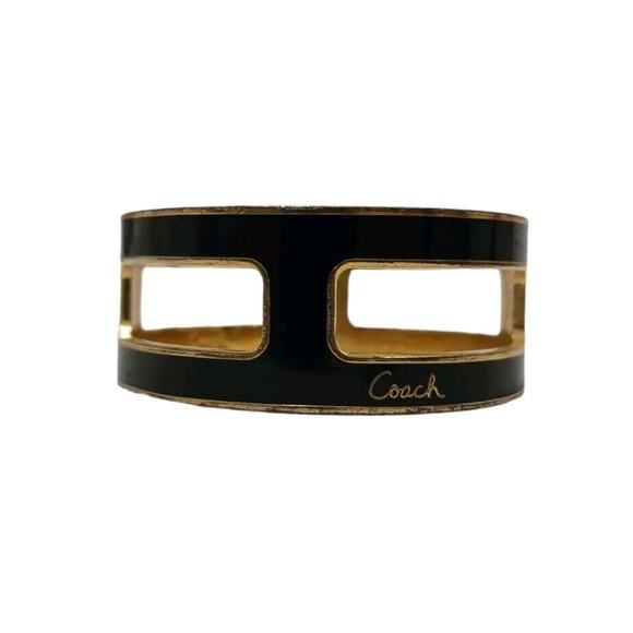 Y2K COACH Cuff Bracelet S/M BLACK GOLD Square Cut Out Modern Designer Rare VNTG - Picture 6 of 14